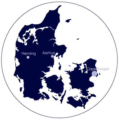 A map of Denmark with Aarhus, Herning and Copenhagen highlighted due to affiliation with Aarhus BSS.