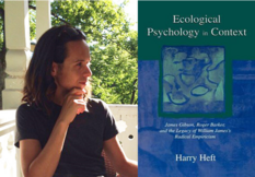Portrait of Joshua Brain (left) with the front page of her recommended book "Ecological Psychology in Context" (right)