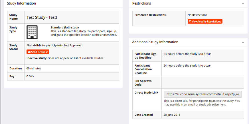 Click 'Send Request' to inform lab management that your study description is ready for review.