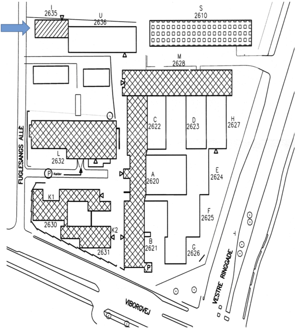 A map of Fuglesangs Allé showing building 2635 highlighted in the upper left corner of the image